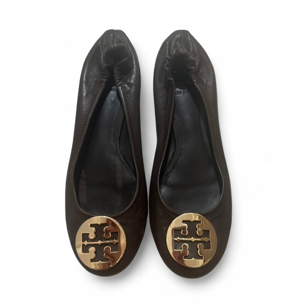 Tory‎ Burch Minnie Travel Ballet Flats Brown Leather Gold Logo Medallion Size 8